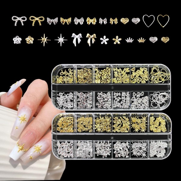 REMMUSSS Strasssteine Nägel, 2 Boxen Gold Silber Stern Schleifen Nail