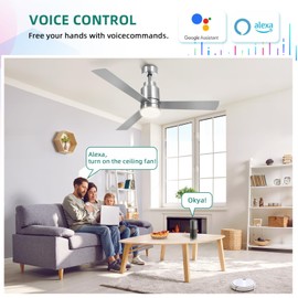 YITAHOME 52 Inch Nickel Ceiling Fan with Light and Remote, App Control, Modern Smart Ceiling Fan Compatible with Alexa for Indoor Outdoor, Reversible Quiet Motor, Memory Function