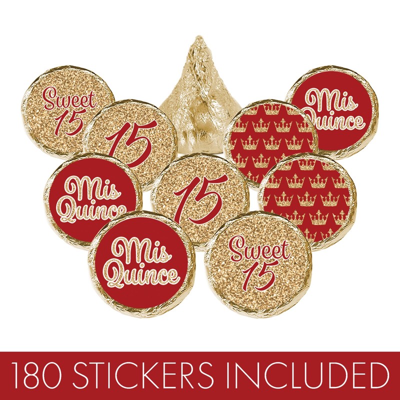 Red and Gold Quinceañera Chocolate Kisses Party Favor Stickers, Mis