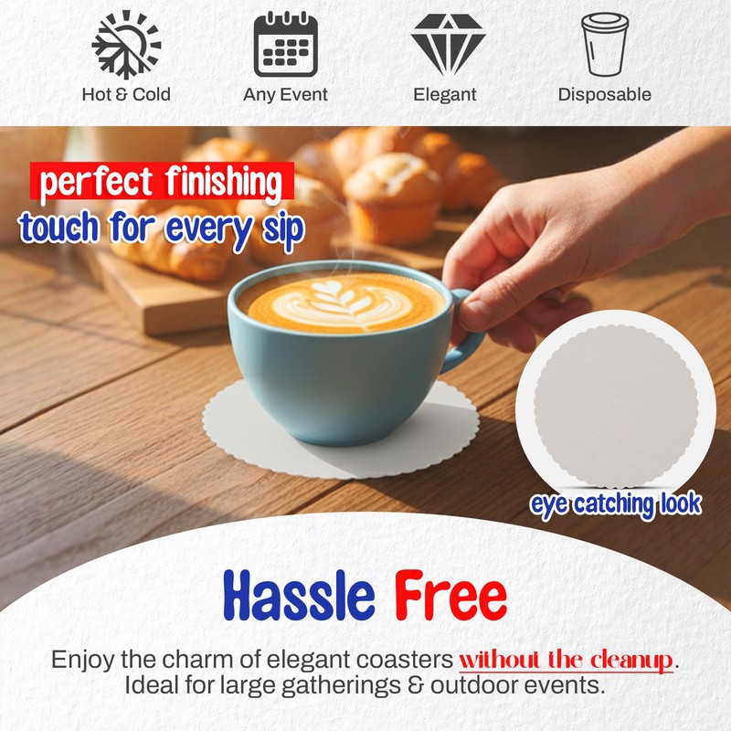 MT Products White Thin Paper Coasters 3.25" - Scalloped Edge