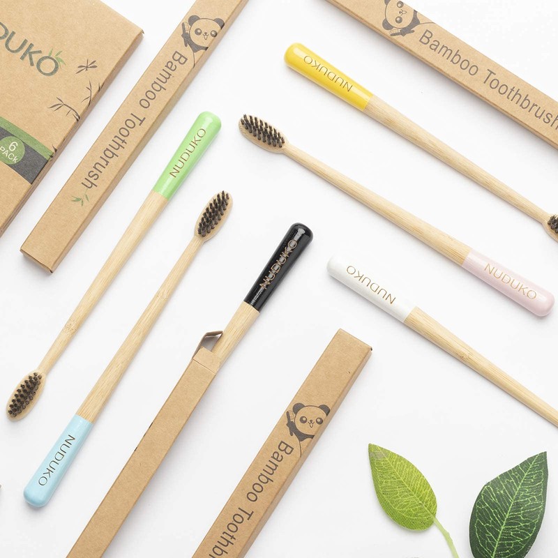NUDUKO Biodegradable Charcoal Toothbrush Bamboo Toothbrushes - 6 Pack Eco-Friendly,