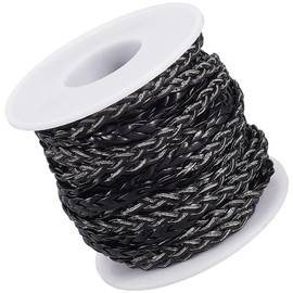 CALFOVERA 10.94 Yard 5MM Flat Braided Leather Cord Woven Black PU Leather Folded Bolo String Lace Cording Straps Rope Braiding Strip Thread for Jewelry Making Crafts Bracelet Necklace DIY Projects