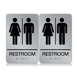DALLAHASEE ADA Braille Unisex Restroom Signs for Business 9” X 6”- Pack of 2 - Aluminum Gender Neutral Unisex Bathroom Sign with Double Sided Strong Tape for Offices and Restaurants