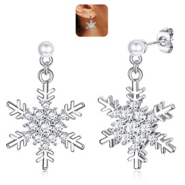 LOLIAS 925 Sterling Silver Snowflake Earrings for Women Christmas Snowflake Dangle Drop Stud Earrings Sparkling Pearl CZ Snowflake Hypoallergenic Earrings Christmas Jewelry Holiday Gifts C