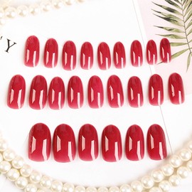 Pufandor Round Press on Nails Almond Nude Jelly Purple Fake Nails Glossy False Nails Natural Looking Press on Nails Medium 24Pcs