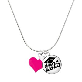 Delight Jewelry Silvertone Hot Pink Heart with Nurse Hat Script Class of 2025 Dome Charm Necklace, 18"