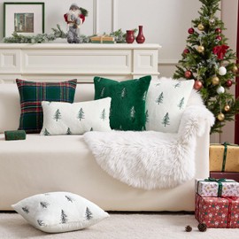 MIULEE Christmas Decorative Pillow Covers Set of 2 Faux Fur Throw Pillows with Embroidered Christmas Tree 20x20 Inch White Green Winter Couch Covers for Festival Sofa Bedroom Living Room Home Decor