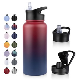 UMBFUN Stainless Steel Drinking Bottle – 1 Litre – with Straw, Leak-Proof, Suitable for Carbonated Drinks, BPA-Free Thermos Bottle (+ 2 Lids) Vacuum Double Wall Insulation for Sports, Travel, Camping,