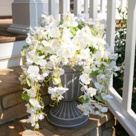 Fake Hibiscus Artificial Hanging Flowers Plants for Outdoors Spring Decoration, 2pcs Silk Hibiscus Vines Realistic UV Resistant White Faux Flowers for Outside Planter Porch Patio Yard Wedding Party