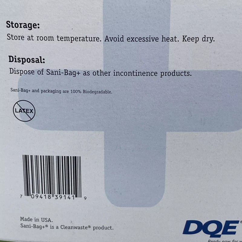 DQE ready Sani-BAG+ Commode Liner, Model MC4031, Sanitary toilet liner