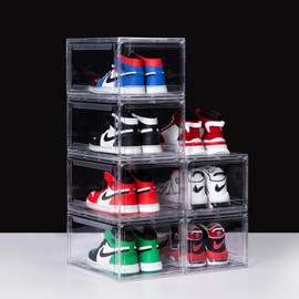 NYZE 6 Pack Acrylic Shoe Boxes, Clear Shoe Boxes Stackable, Shoe Storage Box Drop Front, Shoe Organizer Foldable Shoe Rack with Magnetic Door, Shoe Display Fits US Size 15