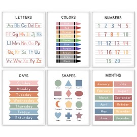 6 Pack Educational Posters for Kids, ABC Alphabet Poster, Shapes & Colors Chart, Days of the Week Poster, Numbers Poster for Kids Room, Preschool, Kindergarten & Classroom Learning Decor