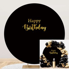 OERJU 7.5x7.5ft Happy Birthday Round Backdrop Cover Polyester Black Background for Photography Circle Backdrop Cover Baby Shower Birthday Party Decoration Banner Photo Booth Props