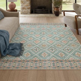 Lahome Machine Washable Living Room Area Rug 5x7, Boho Geomatric Green Rugs for Bedroom, Rubber Backed Non Slip Soft Floor Carpets for Dining Room Department Dorm