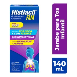 Histiacil FAM Jarabe Infantil Fresa 2 a 15 Años 140 ml Acción 3 en 1 Alivio de la Tos Seca y con Flemas Descongestiona y Facilita la Expectoración