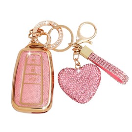 ZVRSUA Car Key Case Cover with Diamond Bling Key Ring Compatible with Toyota Corolla RAV4 Corolla Camry CH-R Yaris Prius, Smart Key, 3 Buttons, pink