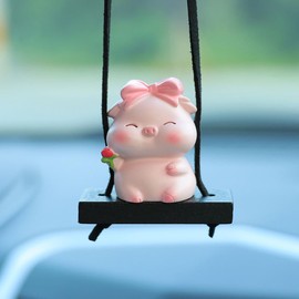 YOYLMAL Cute Swing Pig Car Hanging Ornament, Lucky Piggy Car Rear View Mirror Pendant Charms, Auto Interior Decoration Accessories (Bowknot Pig)