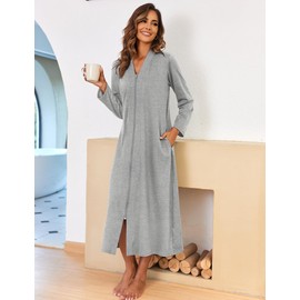 Ekouaer Women Zipper Robe Long Sleeve Loungewear Lightweight Housecoat Full Length Nightgown with Pockets (Gray, Medium)