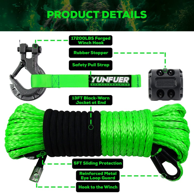 Synthetic Winch Rope Cable Kit, 3/16" x 50ft 8500LBS Green