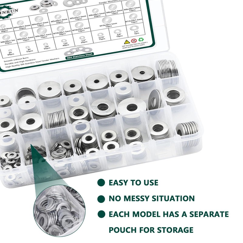 Fender Washers, 520 Pcs SAE + Metric 23 Sizes Flat