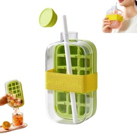 Ice Cube Bottle, 2 In 1 Ice Cube Bottle With Straw and Strap, Portable Touch Free Ice Cube Trays, Press To Release Ice Tray for Home Ice Making, Outdoor Picnics (Green,1PCS(800ML))