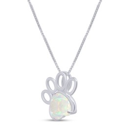 7MM Heart Cut White Created Opal Paw Print Pendant Necklace In 14K White Gold Plated 925 Sterling Silver Along With 18"+2" Adjustable Chain