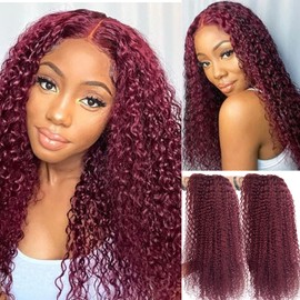 Burgundy Colored Curly Wave Lace Front Wigs Human Hair for Black Women, 13x5x1 T-Part Lace Frontal Wigs Dark Red Wine Long Wave Human Hair Wigs Pre-Plucked Hairline Bleached Knots 20 Inch 150 Density