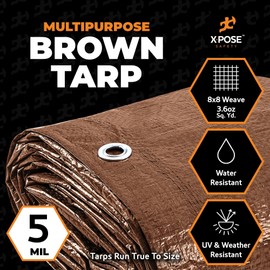 Multipurpose Protective Cover Brown Poly Tarp 9' x 12' (2-Pack) - Durable, Water Resistant, Weather Resistant - 5 Mil Thick Polyethylene - by Xpose Safety