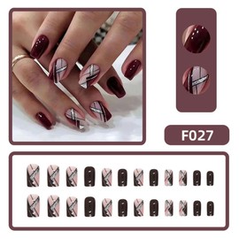 Burgundy Press on Nails Short Square Silver Fake Nails Wine Red Line Glitter Glue on Nails Acrylic Nails Glossy Silver Stick on Nails Artificial False Nails for Women Girls Manicure24pcs