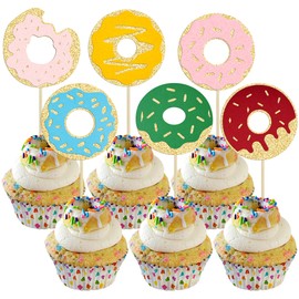 Ephlyn - 24 piezas de donut para cupcakes con purpurina para decoración de tartas, decoración de cumpleaños, baby shower