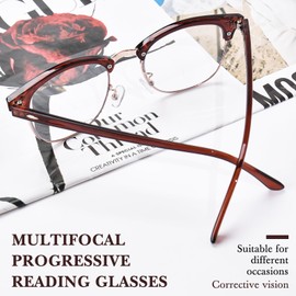 OPTOFENDY Progressive Multifocal Reading Glasses for Women Men Square Blue Light Blocking Classic Half Frame Computer Readers Brown 1.5x