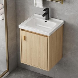 ESMISMO 16'' Bathroom Vanity with Sink Combo, Wall Mounted Small Bathroom Vanity with Soft-Close Door Modern Floating Cabinet, Pop-up Drain, P-Trap Included, Walnut(No Faucet)