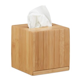 Relaxdays Kosmetiktücherbox quadratisch, Taschentuchbox Holz, Kosmetikbox Bambus, Tücherbox, HBT: 14 x 14 x 14 cm, natur