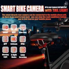 BEUDUOQI Bike Camera with Tail Light APP Control 1080P 140° Wide Angle Bicycle Rear View Camera Waterproof Handlebar Bicycle Mirror Cam Smart Sensing Bike Tail Light for Mountain Road Bike E-Bikes