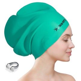 Extra Large Swim Cap for Braids and Dreadlocks Afro Hair Long Hair, Waterproof Silicone Cover Ear Bath Pool Shower Swimming Cap for Women Men Youth Adult Kids Girls to Keep Hair Dry, Green