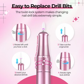 (Need Host) Electric Nail Drill Pen, 40000RPM Handle Handpiece Polishing Machine Part Replacement Aluminum Alloy, Electric Nail File DC Connector for Manicure Pedicure Machine Accessory Tool (Pink)