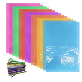 14 Pcs Colored Cellophane and 100 Pcs of Decorative Tie Ties, Handmade Colored Cellophane, Cellophane for Packaging, Suitable for Cakes, Candy Packaging and DIY Crafts Decoration