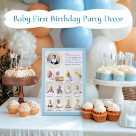 Inweder Frame for Baby 1st Birthday: Warmly Blessing to Kids, First Birthday Decorations for Girl Boy, 12 Month Picture Frames for 2x3 and 4x4 Pictures, Blue