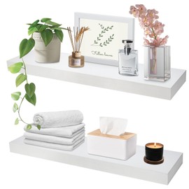 AZSKY White Floating Shelf 16 inch Wall Mounted Wood Shelves for Bathroom, Bedroom, Living Room, Kitchen, Laundry Room Hanging Shelf for Books Storage Decor with 22lbs（Set of 2