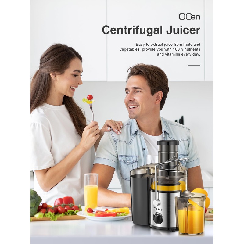 QCen Juicer Machine, 500W Centrifugal Juicer Extractor with 3” Wide