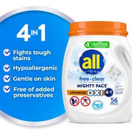 all Laundry Detergent Pacs, Mighty Pacs with OXI Stain Removers and Whiteners, Free Clear, Unscented and Dye Free, 56 Count