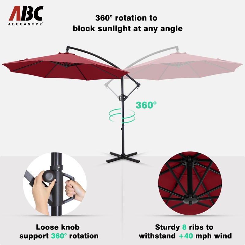 ABCCANOPY 9FT Cantilever Patio Umbrella with base included, 360° Rotation