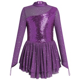 Figure Skating Dress for Girl Sparkly Sequins Mock Neck Toddler Ice Skating Rhythmic Gymnastics Leotard with Chiffon Skirt Teen Ballerina Lyrical Ballet Dance Costume Purple 5-6 Years