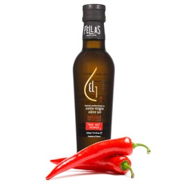 Pellas Nature, Organic Red Pepper Infused Greek Extra Virgin Olive Oil, Award Winning, No-Additives, Finishing Oil, Kosher, 250 ml (8.5 oz.) Glass Bottle