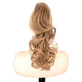 DIGUAN 13 Inches Ombre Claw Clip In Wavy Loose curly Synthetic Wrap Around Ponytail Extensions Short Pony Tail Clip In Extensions for Women Girl 4oz/115g (Caramel Blonde)