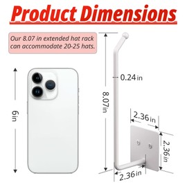 2 Pack Hat Racks for Baseball Caps Wall, Extended 8.07" Hat Organizer for Baseball Caps, Hat Storage for Baseball Caps, Hat Hooks Hat Hanger Strong Adhesive/Wall Drilled for Door, Closet(White)