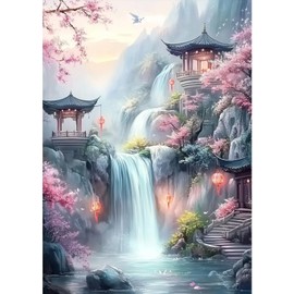 MXJSUA DIY Waterfall Diamond Painting Kits for Adults, Pavilion Scenery Diamond Gem Art Painting for Beginners, Diamond Picture with Full Round Drill Dots Craft Set Gift, 12 * 16 Inch