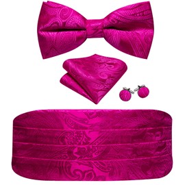 Barry.Wang - Juego de gemelos de seda para hombre, diseño de cachemira y pajarita preatada, para esmoquin, Rosa encendido, Talla única