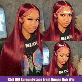 bunGiol 13x6 99j Burgundy Lace Front Wigs Human Hair Pre Plucked 28 Inch HD Straight Lace Front Wigs Human hair Glueless Red Wig Wine Red Colored Lace Front Wigs For Women 180 Density