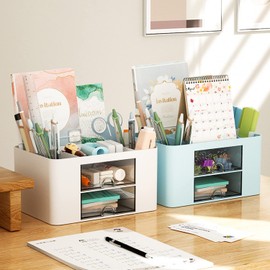 Dokeno Desk Organiser, Desk Organiser, Office Organiser, Versatile Desk Organiser with 5 Compartments, 2 Drawers, Dressing Table Organiser, Cosmetic Organiser for Office, Home, School (Blue)